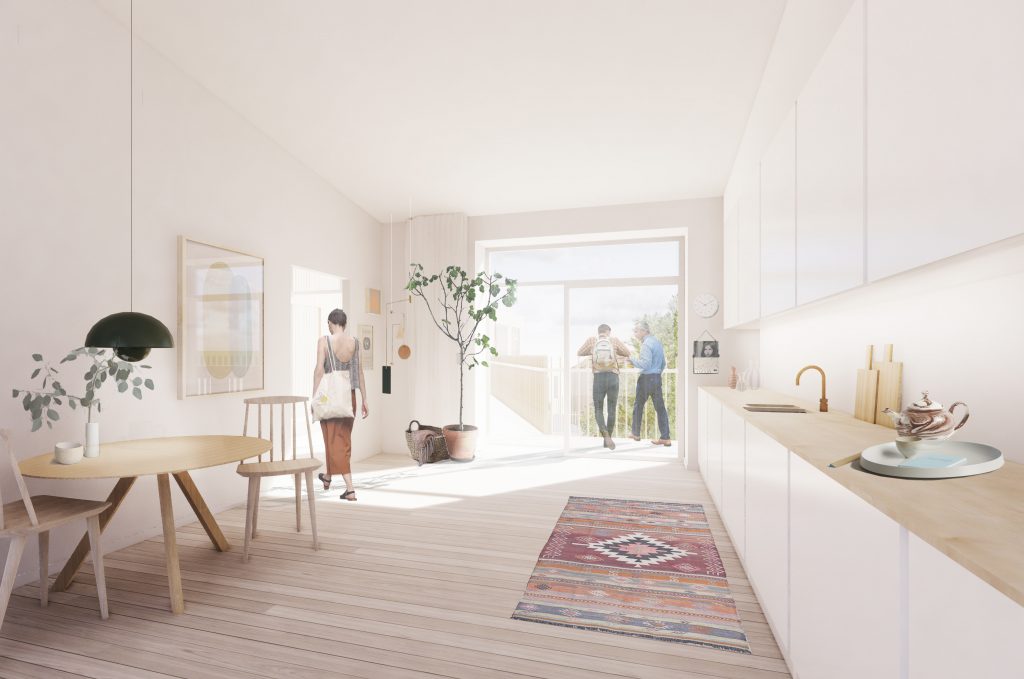 Interieur fra køkken mod altangang
