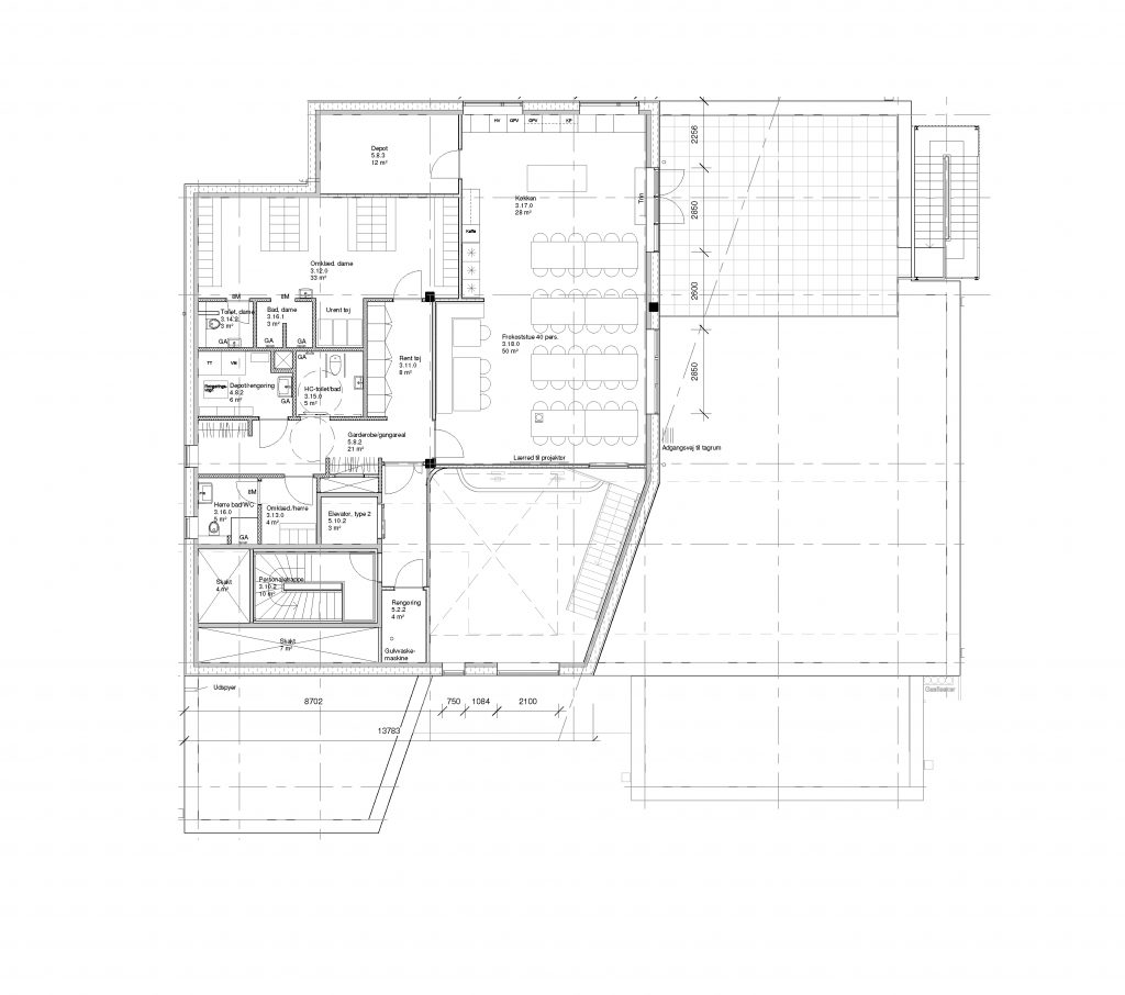 Plan af 2 sal/ Kantine, omklædning + tagterrasse