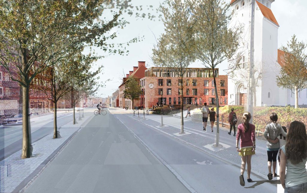 Skolen set fra Søborg Hovedgade og kirken