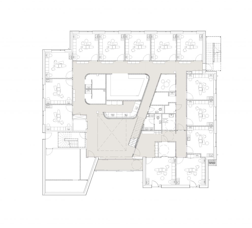 Plan af stueetage/ venteområde+ 13 klinikker