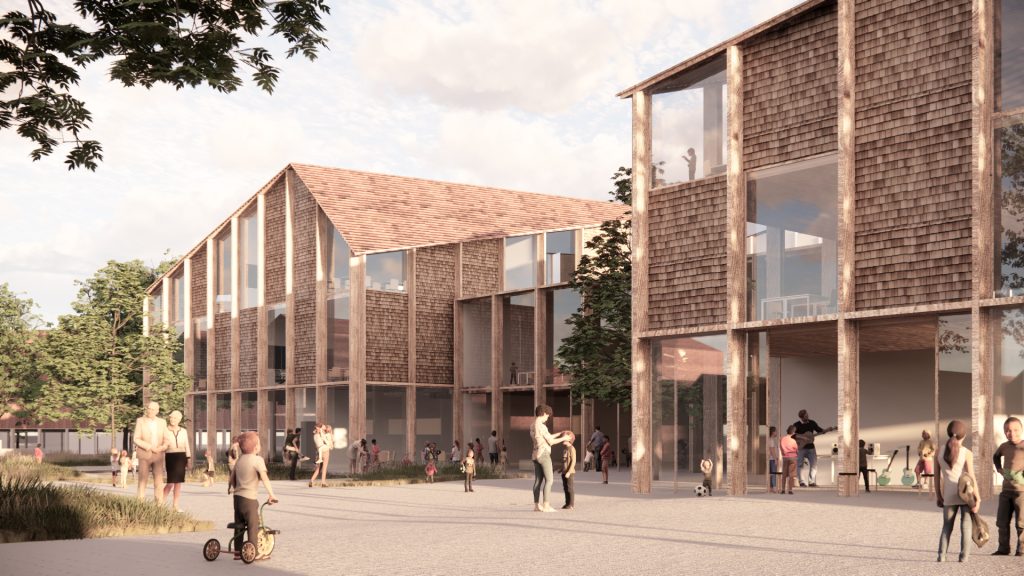 Den nye skole i træ set fra det samlende bytæppe